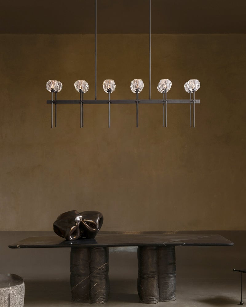 LightsStory Series Prismatic Chandelier | Linear Faceted Orb Hand-ground and polished faceted crystal orbs, Aged Brass and Black framework for Dining Rooms and Kitchen Islands Modern Pendant lamp