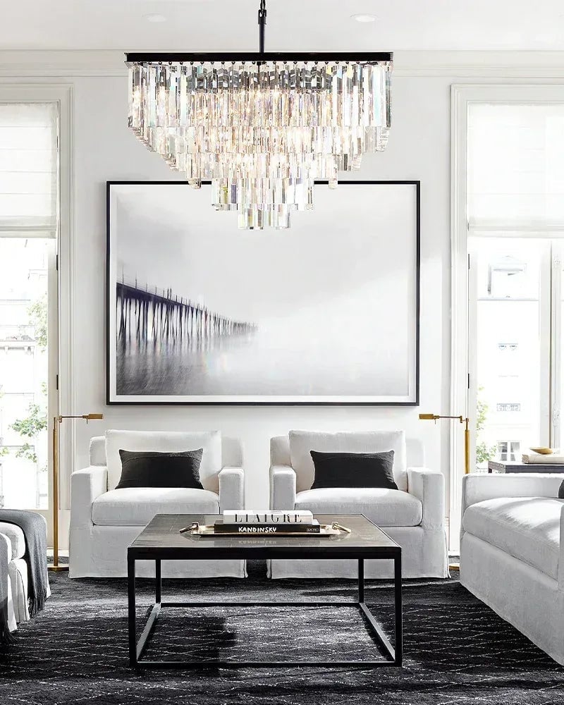 LightsStory Series Prismatic Chandelier | Multi-Tier Rectangular Precision-cut triangular crystal rods and sturdy iron frame, Brushed Gold finish for Dining Rooms and Grand Foyers American chandelier