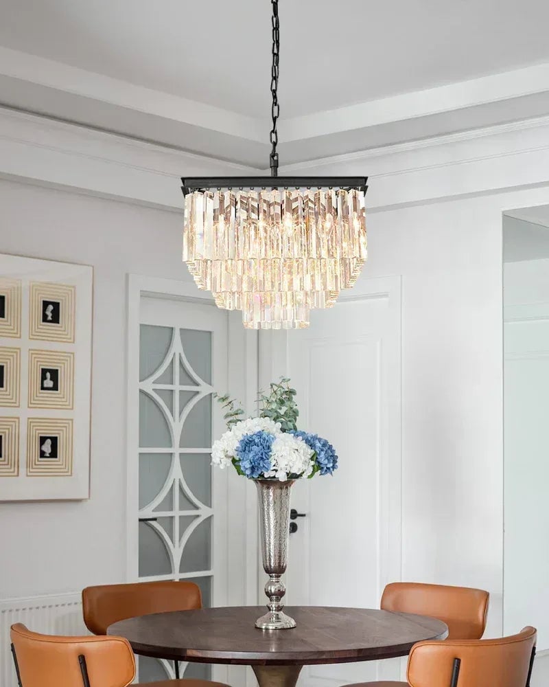 LightsStory Series Prismatic Chandelier | Multi-Tier Rectangular Precision-cut triangular crystal rods and sturdy iron frame, Brushed Gold finish for Dining Rooms and Grand Foyers American chandelier