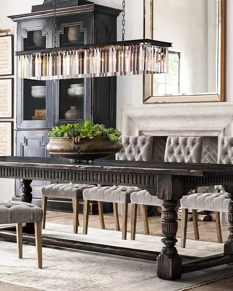 LightsStory Series Prismatic Chandelier | Rectangular Multi-Crystal Brushed matte black or gold iron frame with multi-crystal droplets, Brushed Matte Black or Luxe Gold for Kitchen Islands, Dining Rooms, and Grand Foyers American Vintage chandelier lamp