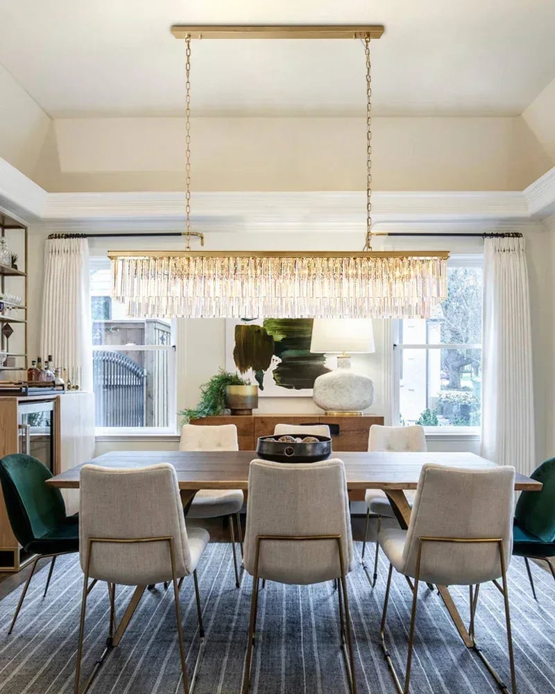 LightsStory Series Prismatic Chandelier | Rectangular Multi-Crystal Droplet Iron frame with multi-crystal droplets, Brushed matte black or gold iron finish for Dining rooms, entries, and living areas American Vintage chandelier lamp