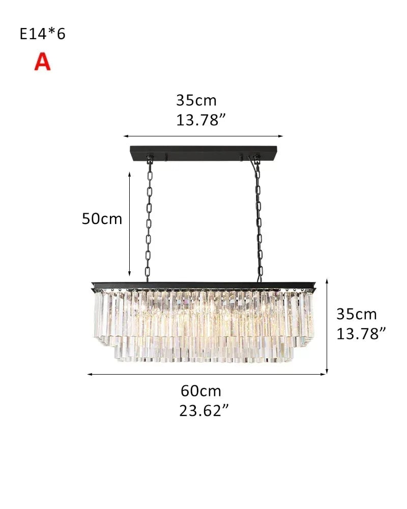 LightsStory Series Prismatic Chandelier | Rectangular Multi-Crystal Droplet Iron frame with multi-crystal droplets, Brushed matte black or gold iron finish for Dining rooms, entries, and living areas 2-tier-L60*W35CM L23.62“*H13.78"-A Black American Vintage chandelier lamp