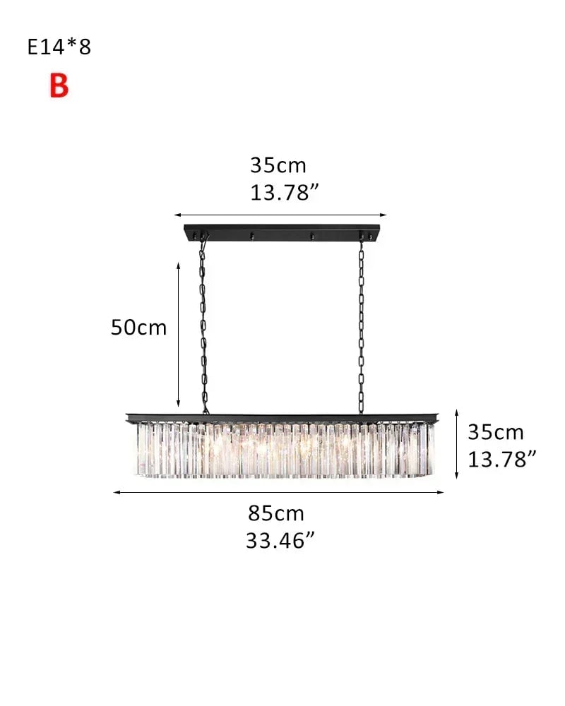 LightsStory Series Prismatic Chandelier | Rectangular Multi-Crystal Droplet Iron frame with multi-crystal droplets, Brushed matte black or gold iron finish for Dining rooms, entries, and living areas American Vintage chandelier lamp