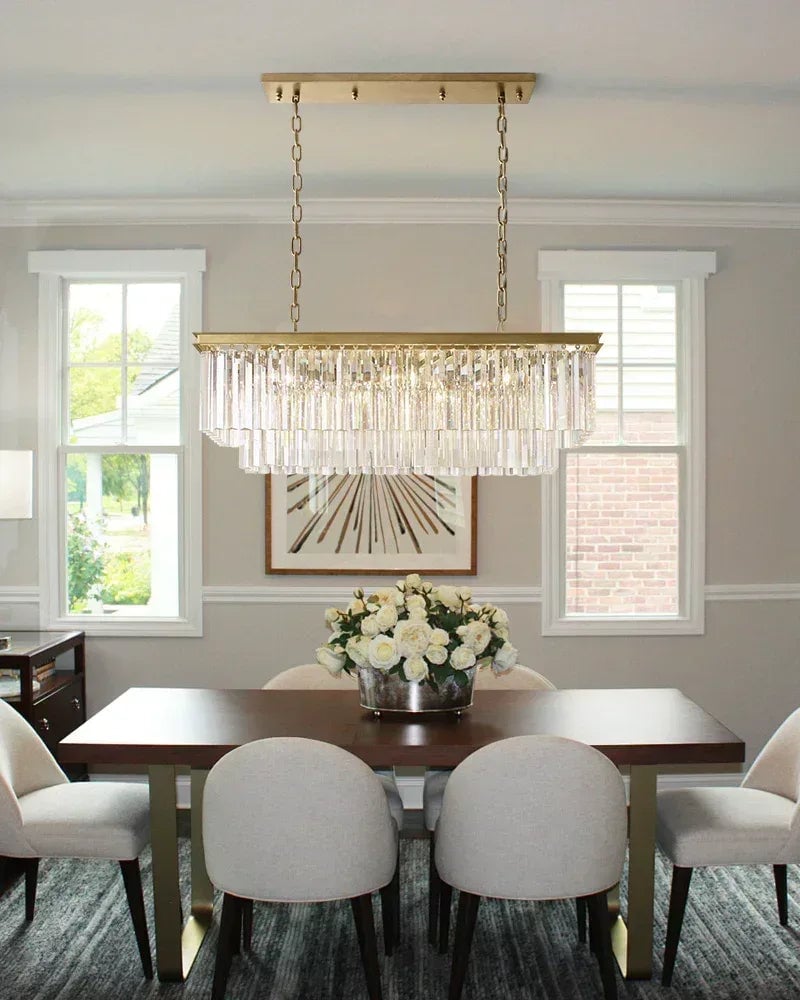 LightsStory Series Prismatic Chandelier | Rectangular Multi-Crystal Droplet Iron frame with multi-crystal droplets, Brushed matte black or gold iron finish for Dining rooms, entries, and living areas American Vintage chandelier lamp