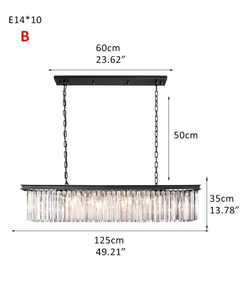LightsStory Series Prismatic Chandelier | Rectangular Multi-Crystal Droplet Iron frame with multi-crystal droplets, Brushed matte black or gold iron finish for Dining rooms, entries, and living areas American Vintage chandelier lamp