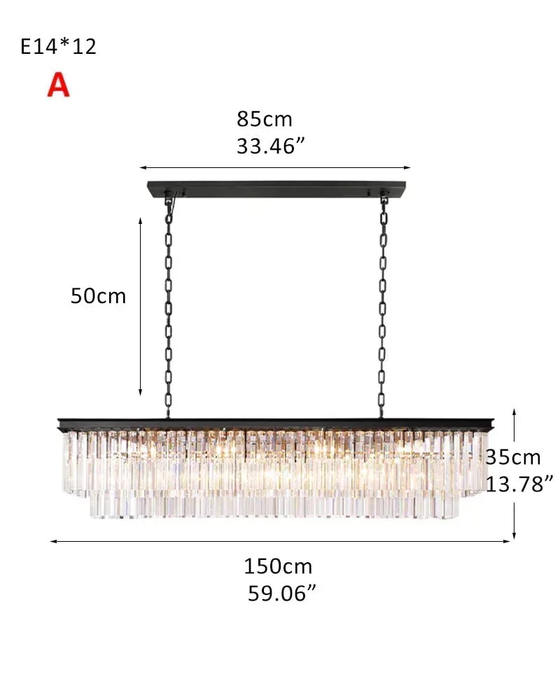 LightsStory Series Prismatic Chandelier | Rectangular Multi-Crystal Droplet Iron frame with multi-crystal droplets, Brushed matte black or gold iron finish for Dining rooms, entries, and living areas 2-tier-L150*W35CM Black American Vintage chandelier lamp