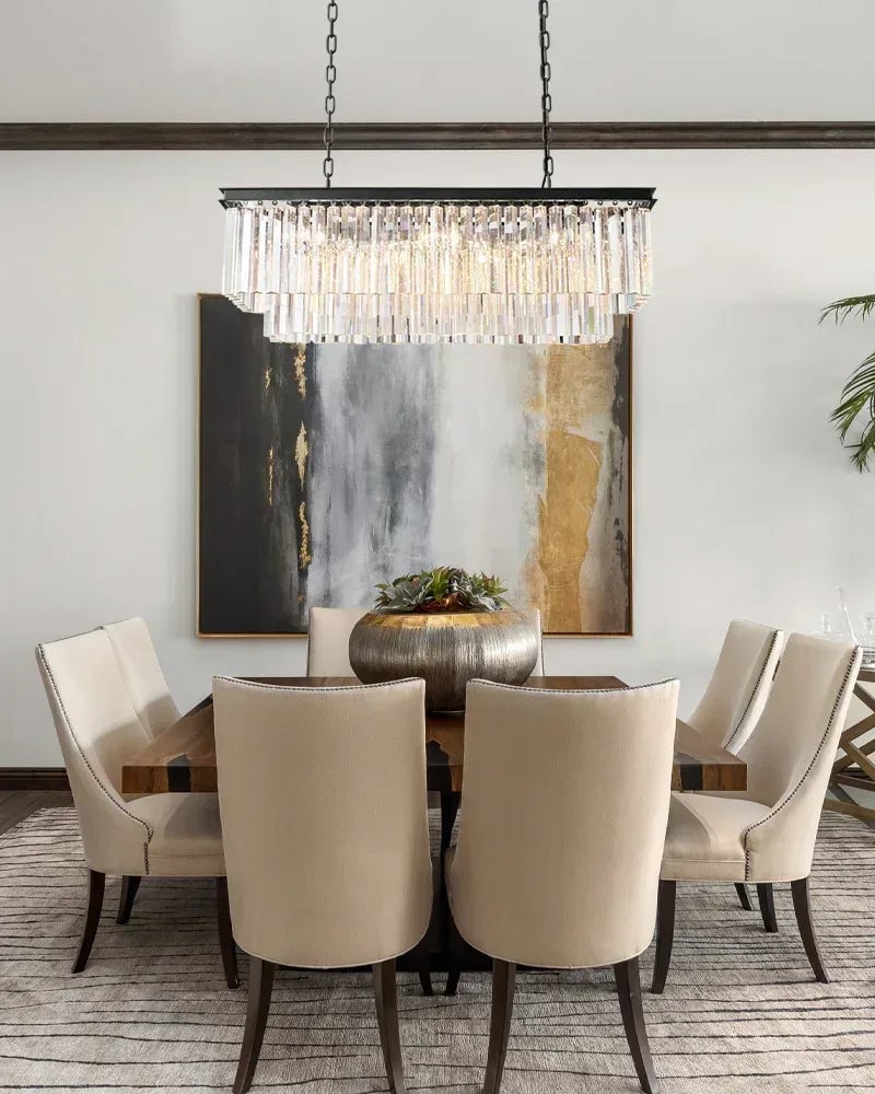 LightsStory Series Prismatic Chandelier | Rectangular Multi-Crystal Droplet Iron frame with multi-crystal droplets, Brushed matte black or gold iron finish for Dining rooms, entries, and living areas American Vintage chandelier lamp