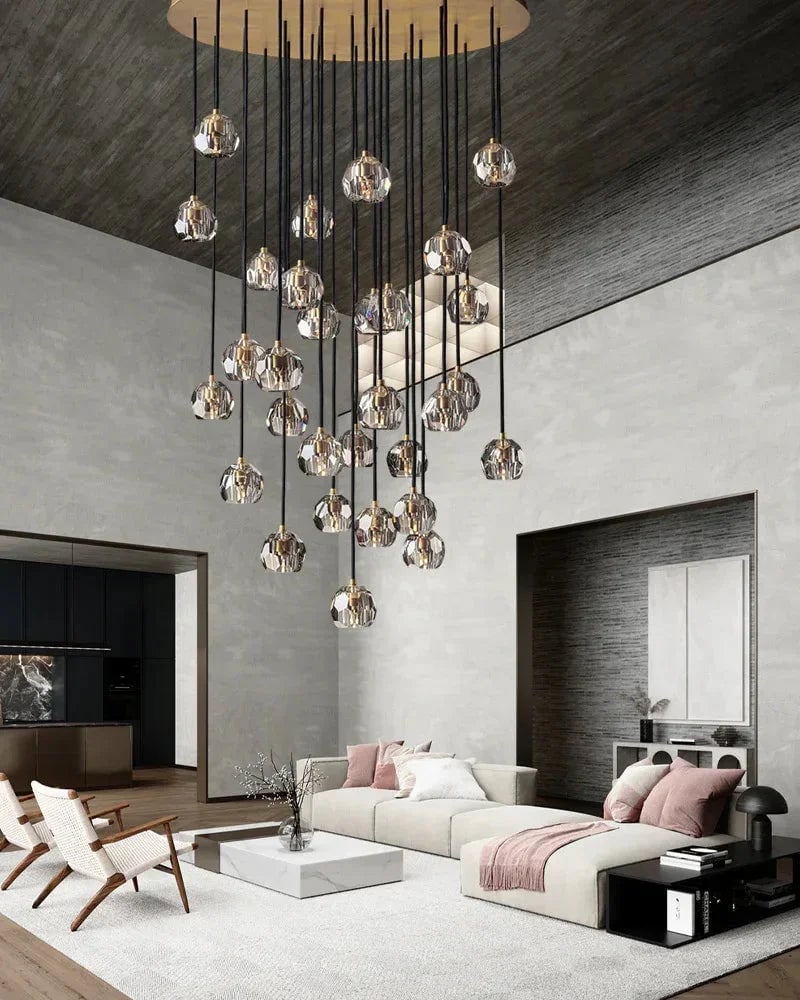LightsStory Series Prismatic Chandelier | Spherical Silhouette Solid brass and hand-faceted polished crystal, Premium Gold and Brass finish for Modern dining rooms and high-ceiling entryways Modern Pendant lamp