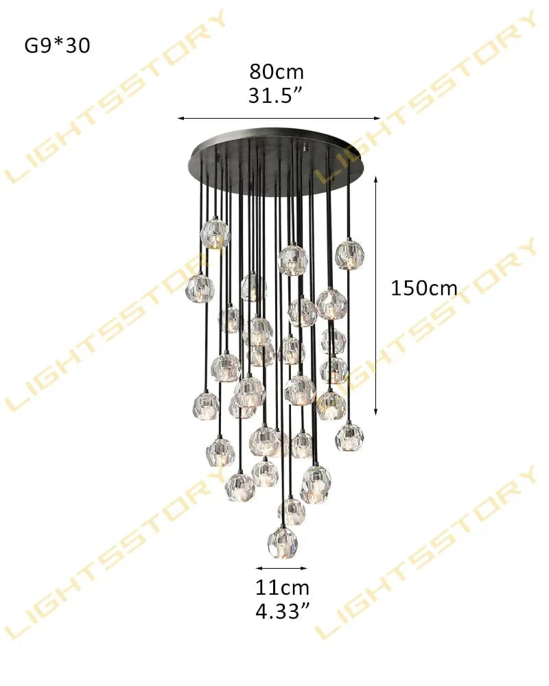 LightsStory Series Prismatic Chandelier | Spherical Silhouette Solid brass and hand-faceted polished crystal, Premium Gold and Brass finish for Modern dining rooms and high-ceiling entryways 30 light-D11cm D4.33" Clear Crystal + Black Base Modern Pendant lamp