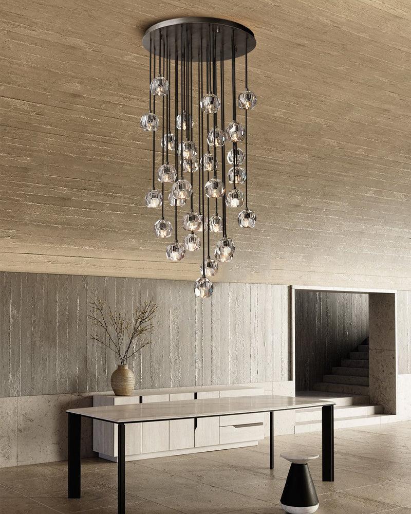 LightsStory Series Prismatic Chandelier | Spherical Silhouette Solid brass and hand-faceted polished crystal, Premium Gold and Brass finish for Modern dining rooms and high-ceiling entryways Modern Pendant lamp