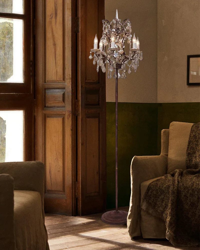 LightsStory Series Prismatic Floor Lamp | Cut Crystal Candelabra Intricate cut crystal and raw metal frame with deep brown fabric shade, Gold and Chrome contrast finish for Living rooms, bedrooms, and entryways American standing floor lamp