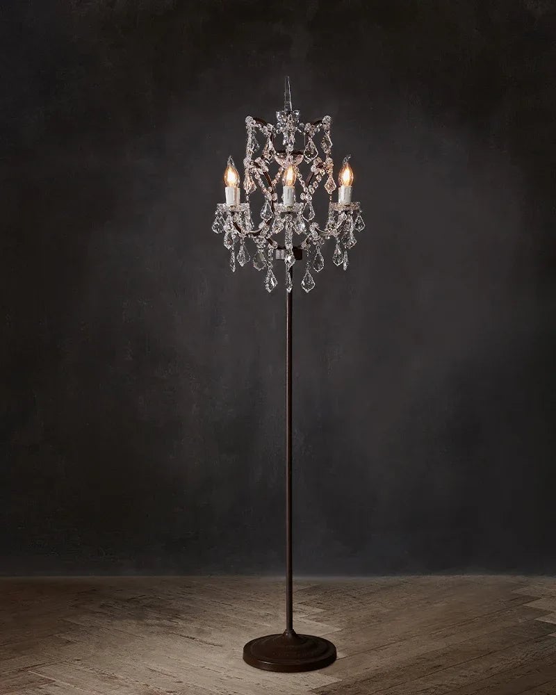 LightsStory Series Prismatic Floor Lamp | Cut Crystal Candelabra Intricate cut crystal and raw metal frame with deep brown fabric shade, Gold and Chrome contrast finish for Living rooms, bedrooms, and entryways American standing floor lamp