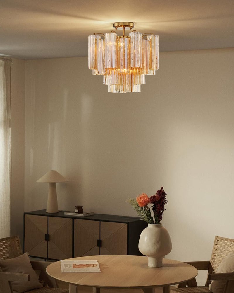 LightsStory Series Prismatic Flush Mount | Star-Shaped Multi-tiered Hand-blown authentic Murano glass tubes, Elegant gold accents with Brass/Black disc base for Living Rooms and Entryways Modern Ceiling lamp