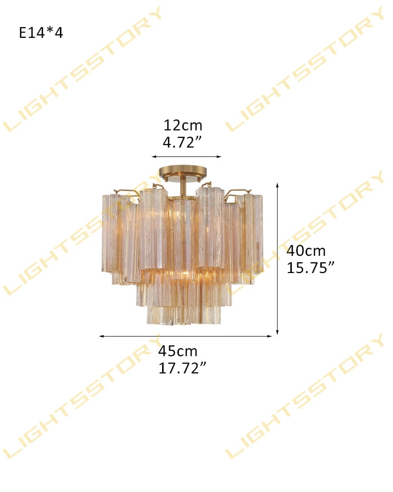 LightsStory Series Prismatic Flush Mount | Star-Shaped Multi-tiered Hand-blown authentic Murano glass tubes, Elegant gold accents with Brass/Black disc base for Living Rooms and Entryways 4-light-D45*H40CM D17.72"*H15.75"(24 tubes) Gold + Amber Glass Modern Ceiling lamp
