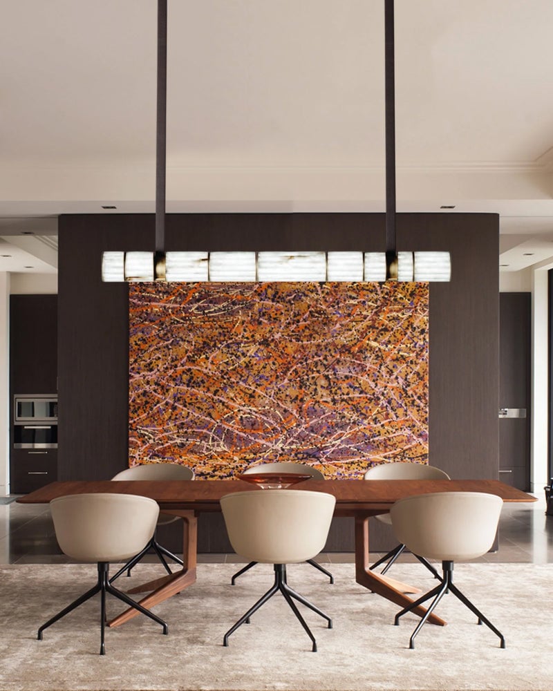 LightsStory Series Prismatic Pendant Light | Linear Natural luminous alabaster with leather strap suspension, Natural Alabaster finish for Dining tables, grand foyers, and high-end lobbies Modern Pendant lamp