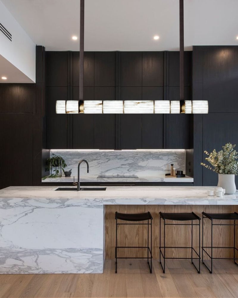 LightsStory Series Prismatic Pendant Light | Linear Natural luminous alabaster with leather strap suspension, Natural Alabaster finish for Dining tables, grand foyers, and high-end lobbies Modern Pendant lamp