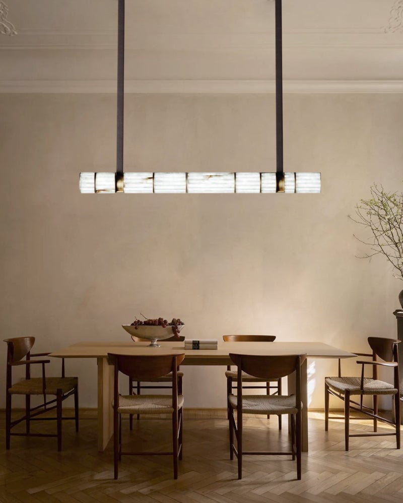 LightsStory Series Prismatic Pendant Light | Linear Natural luminous alabaster with leather strap suspension, Natural Alabaster finish for Dining tables, grand foyers, and high-end lobbies Modern Pendant lamp