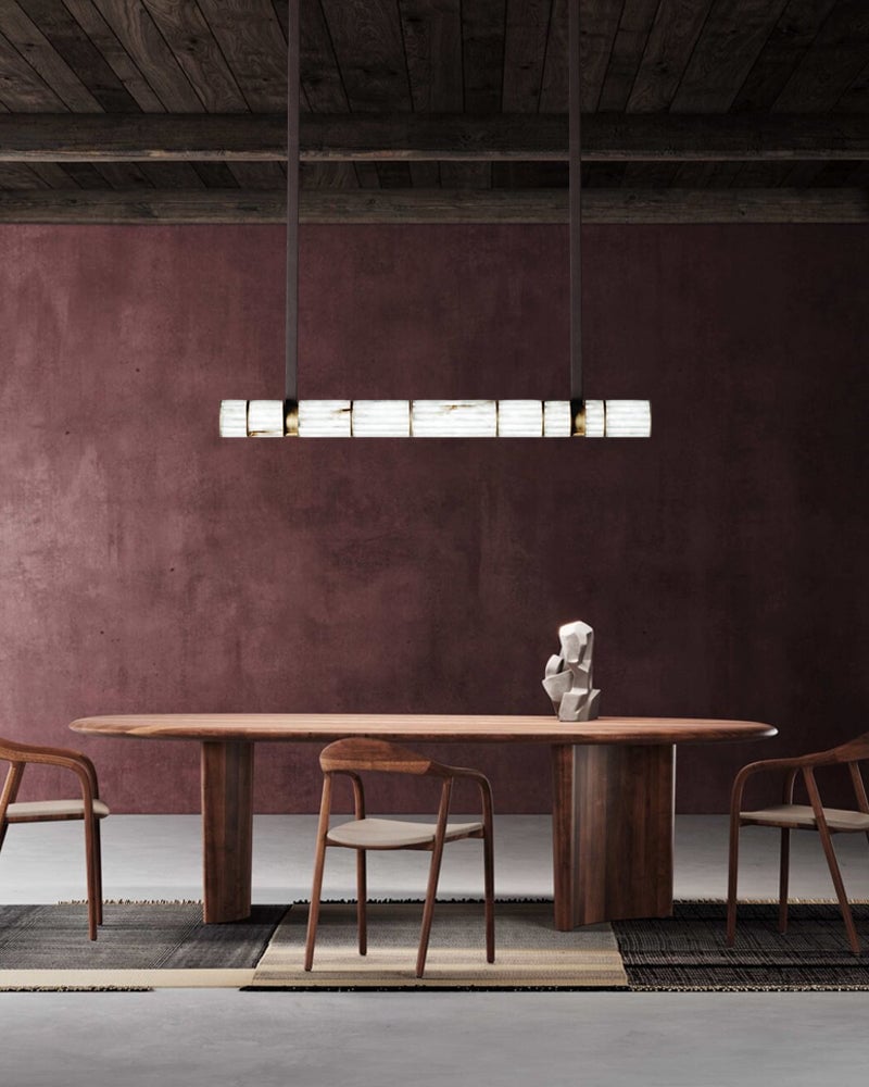 LightsStory Series Prismatic Pendant Light | Linear Natural luminous alabaster with leather strap suspension, Natural Alabaster finish for Dining tables, grand foyers, and high-end lobbies Modern Pendant lamp