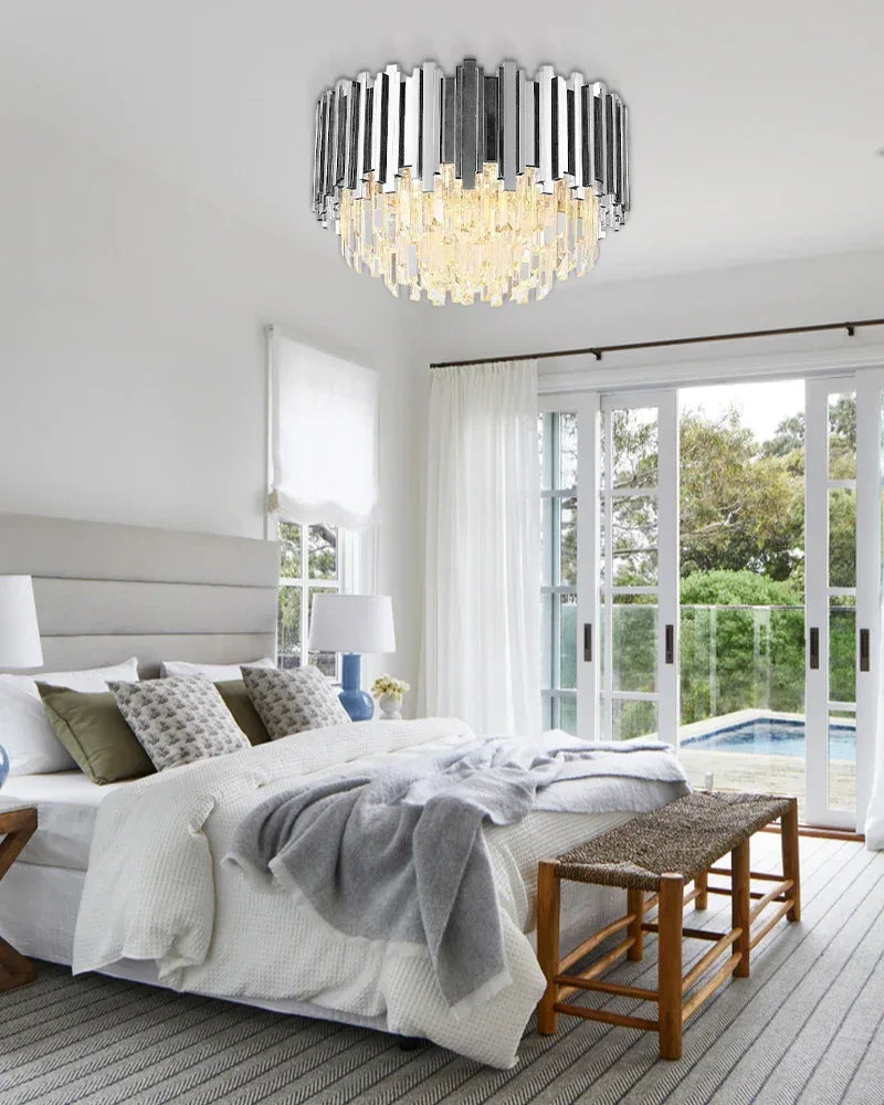LightsStory Series Prismatic Semi-Flush Mount Chandelier | Round Crystal Gold-plated stainless steel and hand-cut crystal glass, Premium Gold-plated finish for Living rooms, dining rooms, bedrooms, and entries Flush Mounted Ceiling Lamp