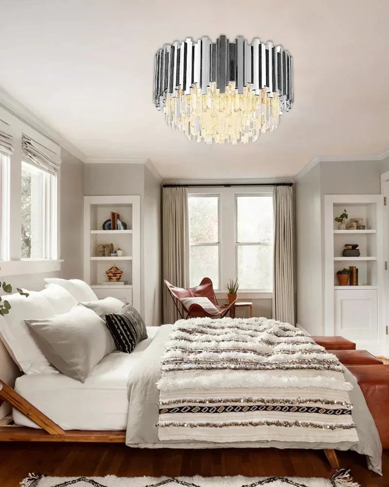 LightsStory Series Prismatic Semi-Flush Mount Chandelier | Round Crystal Gold-plated stainless steel and hand-cut crystal glass, Premium Gold-plated finish for Living rooms, dining rooms, bedrooms, and entries Flush Mounted Ceiling Lamp