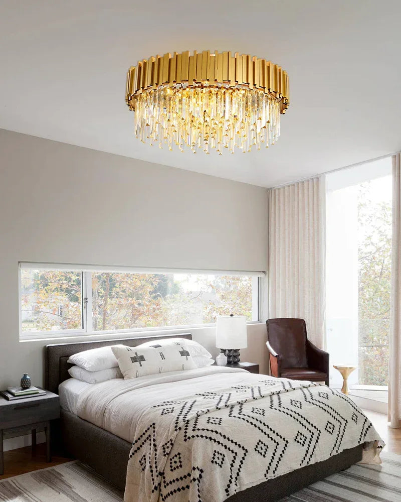 LightsStory Series Prismatic Semi-Flush Mount Chandelier | Round Crystal Gold-plated stainless steel and hand-cut crystal glass, Premium Gold-plated finish for Living rooms, dining rooms, bedrooms, and entries Flush Mounted Ceiling Lamp