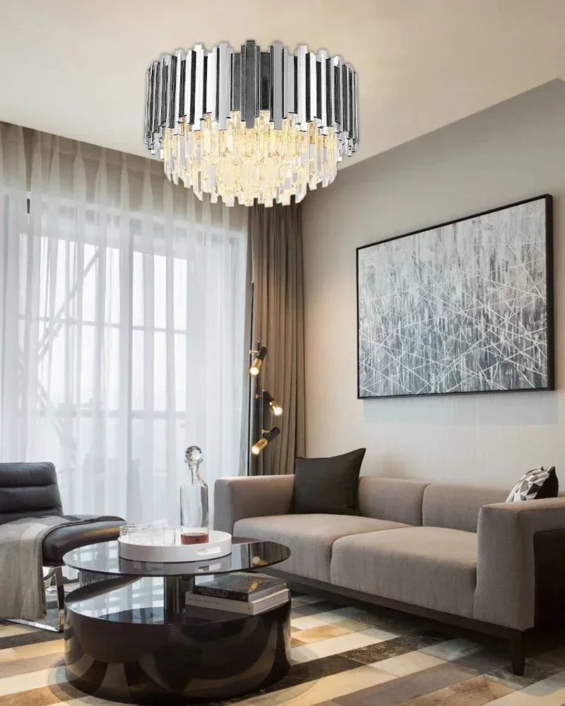 LightsStory Series Prismatic Semi-Flush Mount Chandelier | Round Crystal Gold-plated stainless steel and hand-cut crystal glass, Premium Gold-plated finish for Living rooms, dining rooms, bedrooms, and entries Flush Mounted Ceiling Lamp