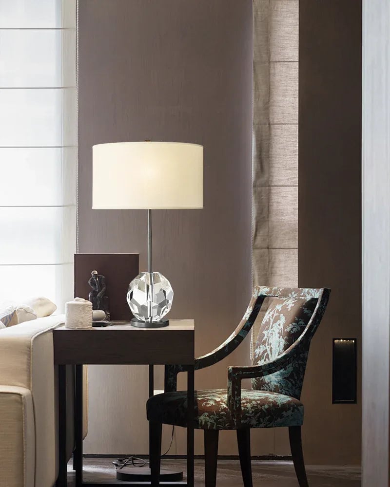 LightsStory Series Prismatic Table Lamp | Faceted Crystal Sphere Solid brass and hand-polished crystal spheres with a neutral fabric linen shade, Black, Brass, and Nickel finish for Desks, consoles, and bedside tables Modern Table lamp