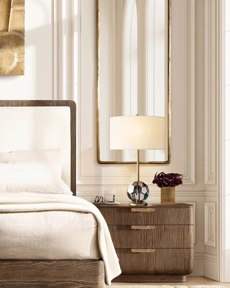 LightsStory Series Prismatic Table Lamp | Faceted Crystal Sphere Solid brass and hand-polished crystal spheres with a neutral fabric linen shade, Black, Brass, and Nickel finish for Desks, consoles, and bedside tables Modern Table lamp