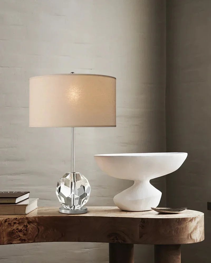 LightsStory Series Prismatic Table Lamp | Faceted Crystal Sphere Solid brass and hand-polished crystal spheres with a neutral fabric linen shade, Black, Brass, and Nickel finish for Desks, consoles, and bedside tables Modern Table lamp