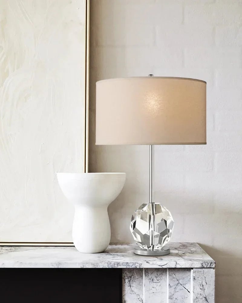 LightsStory Series Prismatic Table Lamp | Faceted Crystal Sphere Solid brass and hand-polished crystal spheres with a neutral fabric linen shade, Black, Brass, and Nickel finish for Desks, consoles, and bedside tables Modern Table lamp