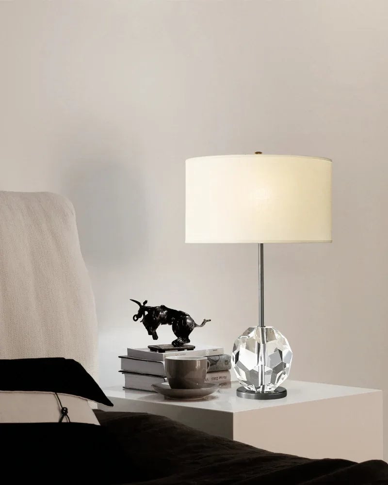 LightsStory Series Prismatic Table Lamp | Faceted Crystal Sphere Solid brass and hand-polished crystal spheres with a neutral fabric linen shade, Black, Brass, and Nickel finish for Desks, consoles, and bedside tables Modern Table lamp