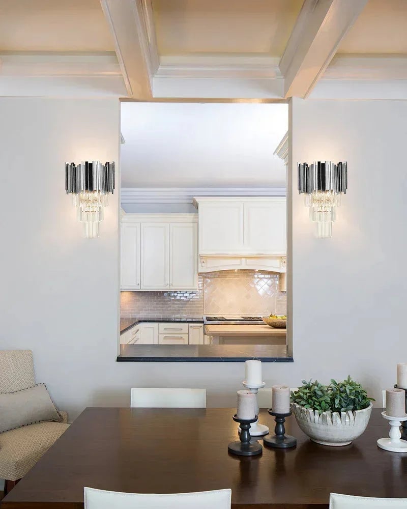 LightsStory Series Prismatic Wall Light | 4-Tier Crystal Rods Brushed brass aluminum base and chrome frame with crystal rods, Chrome and Brushed Brass for Stairwells, entryways, and bedside Flush Mounted Wall Sconce Lamp