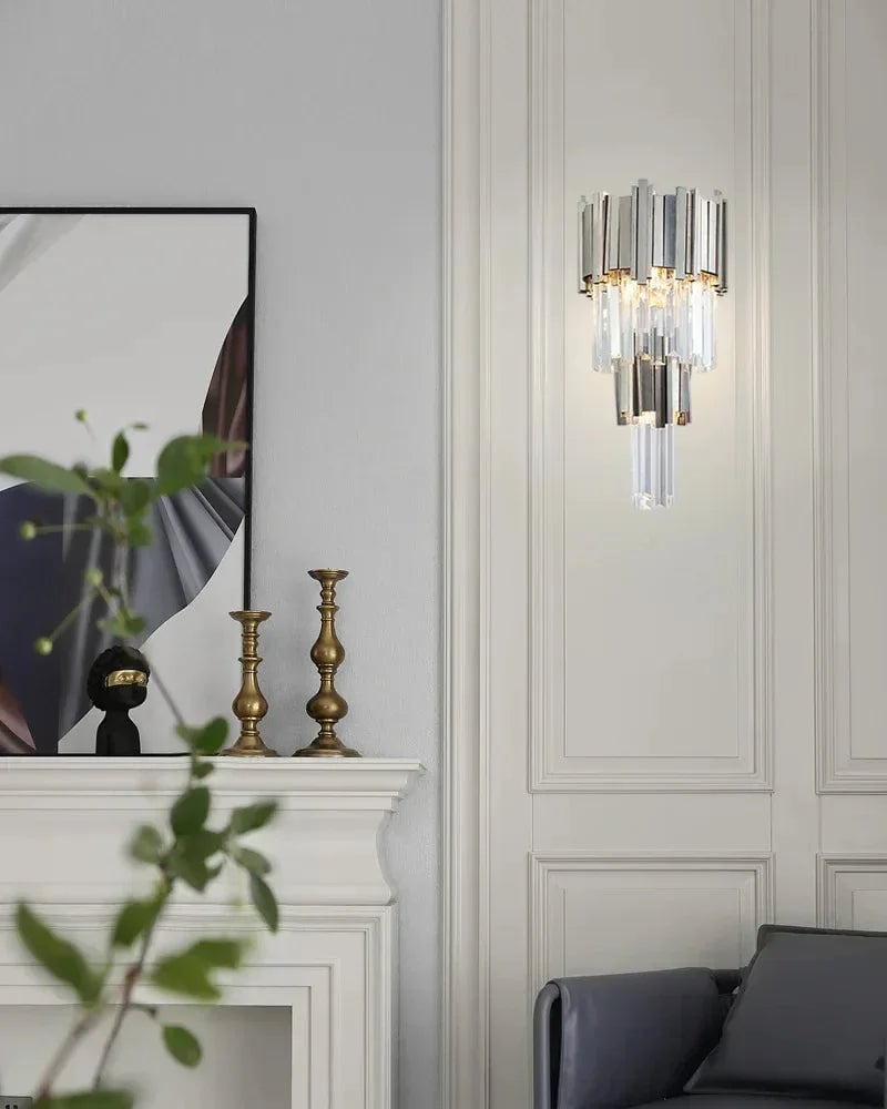 LightsStory Series Prismatic Wall Light | 4-Tier Crystal Rods Brushed brass aluminum base and chrome frame with crystal rods, Chrome and Brushed Brass for Stairwells, entryways, and bedside Flush Mounted Wall Sconce Lamp