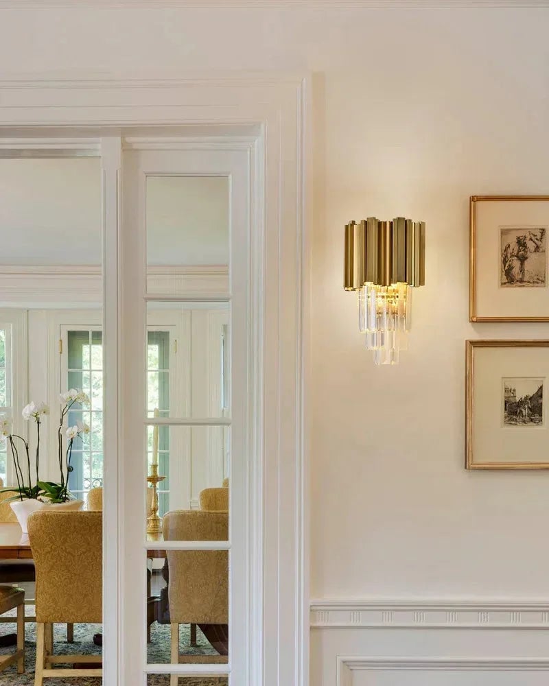 LightsStory Series Prismatic Wall Light | 4-Tier Crystal Rods Brushed brass aluminum base and chrome frame with crystal rods, Chrome and Brushed Brass for Stairwells, entryways, and bedside Flush Mounted Wall Sconce Lamp