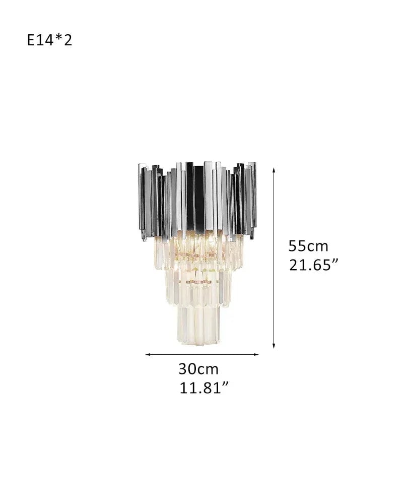 LightsStory Series Prismatic Wall Light | 4-Tier Crystal Rods Brushed brass aluminum base and chrome frame with crystal rods, Chrome and Brushed Brass for Stairwells, entryways, and bedside D30*H60CM D11.81“*H23.62" Silver Flush Mounted Wall Sconce Lamp