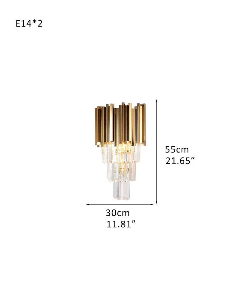 LightsStory Series Prismatic Wall Sconce | 4-Tier Crystal Rods Brushed brass aluminum base and chrome frame with crystal rods, Brushed Gold and Chrome finish for Bedside, entryways, and stairwells D30*H55CM D11.81"*H21.65" Gold Flush Mounted Wall Sconce Lamp