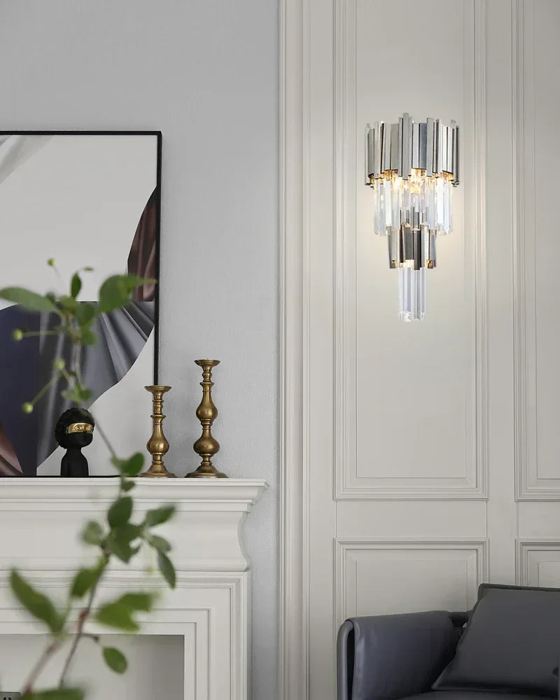 LightsStory Series Prismatic Wall Sconce | 4-Tier Crystal Rods Brushed brass aluminum base and chrome frame with crystal rods, Brushed Gold and Chrome finish for Bedside, entryways, and stairwells Flush Mounted Wall Sconce Lamp