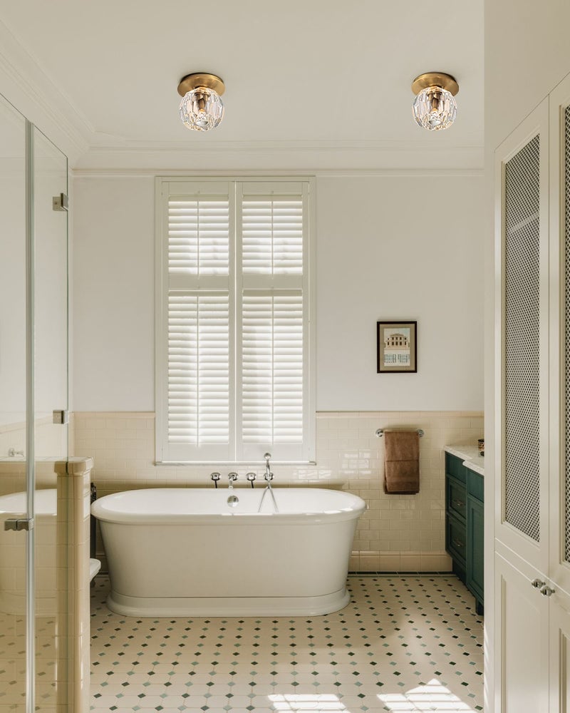 LightsStory Series Refractive Ceiling Light | Round Crystal Orbs Hand-ground faceted crystal orbs, Black and Brass finish for Bathroom Vanities and Modern Interiors Modern Ceiling lamp