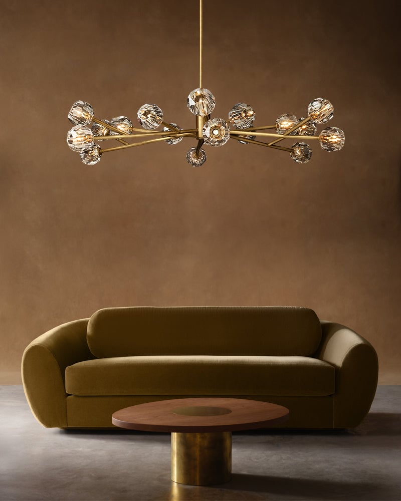 LightsStory Series Refractive Pendant Light | Cluster Round Hand-ground faceted crystal orbs, Black and Brass finish for Living rooms and dining areas American chandelier