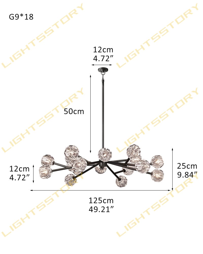 LightsStory Series Refractive Pendant Light | Cluster Round Hand-ground faceted crystal orbs, Black and Brass finish for Living rooms and dining areas 18 light-D125*H25CM D49"*H9" Black+Clear Crystal American chandelier
