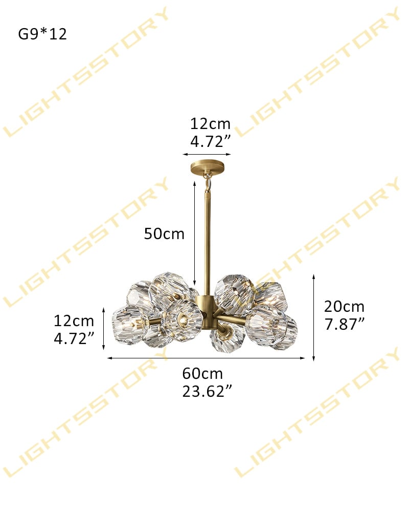 LightsStory Series Refractive Pendant Light | Cluster Round Hand-ground faceted crystal orbs, Black and Brass finish for Living rooms and dining areas 12 light-D60*H20CM D24"*H8" Brass+Clear Crystal American chandelier