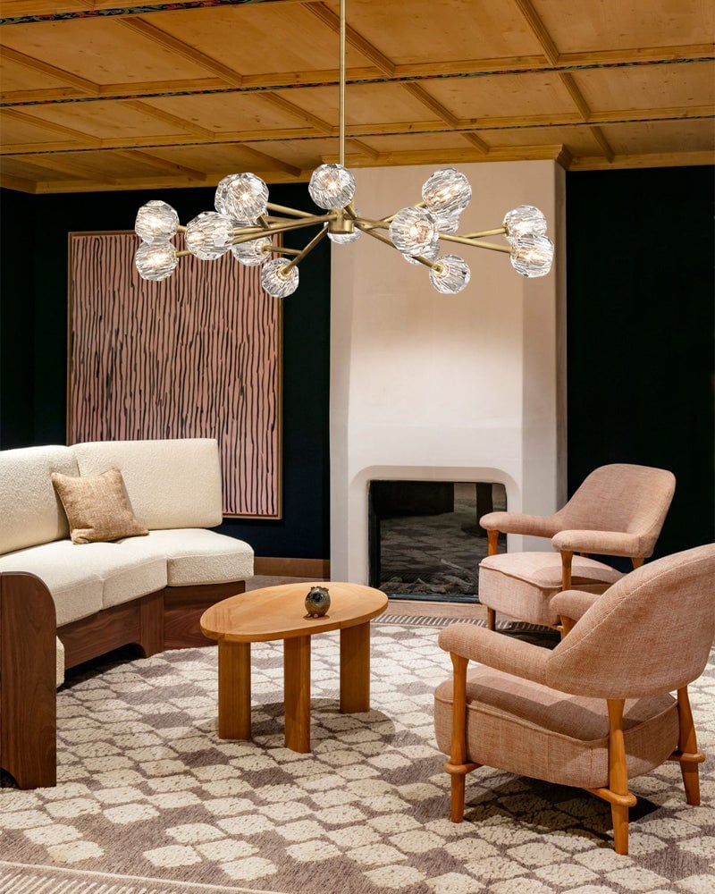 LightsStory Series Refractive Pendant Light | Cluster Round Hand-ground faceted crystal orbs, Black and Brass finish for Living rooms and dining areas American chandelier