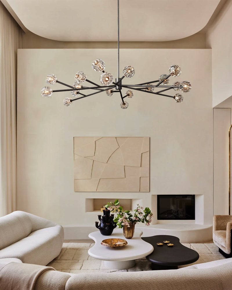 LightsStory Series Refractive Pendant Light | Cluster Round Hand-ground faceted crystal orbs, Black and Brass finish for Living rooms and dining areas American chandelier