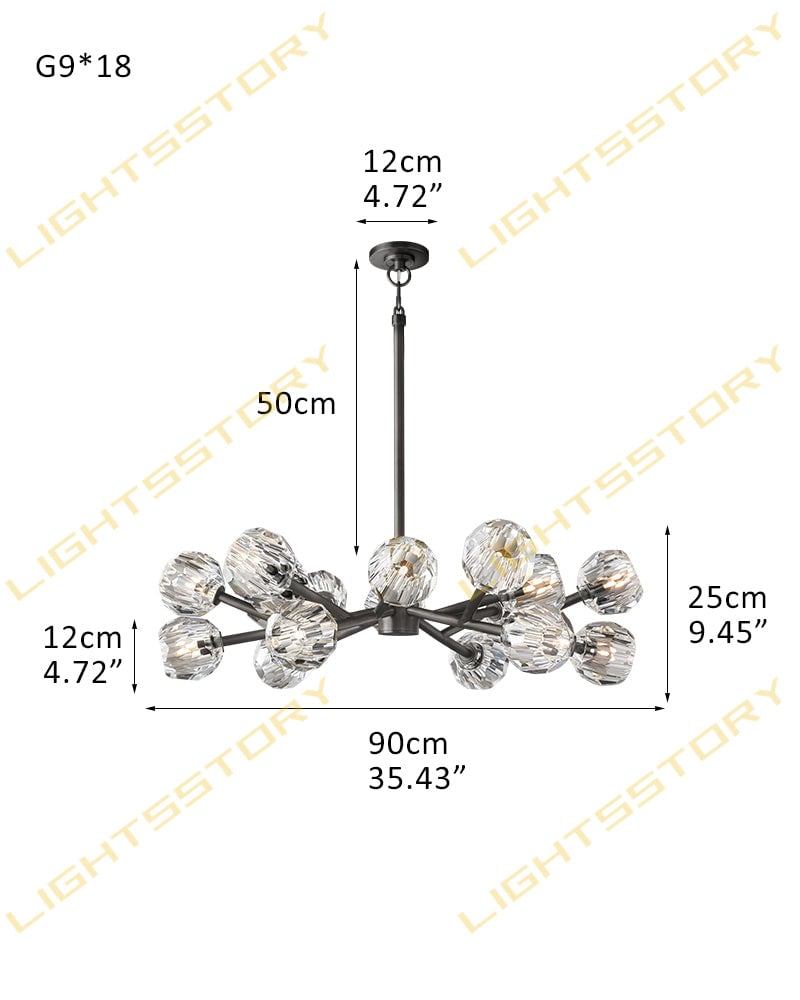 LightsStory Series Refractive Pendant Light | Cluster Round Hand-ground faceted crystal orbs, Black and Brass finish for Living rooms and dining areas 18 light-D90*H25CM D35"*H9" Black+Clear Crystal American chandelier