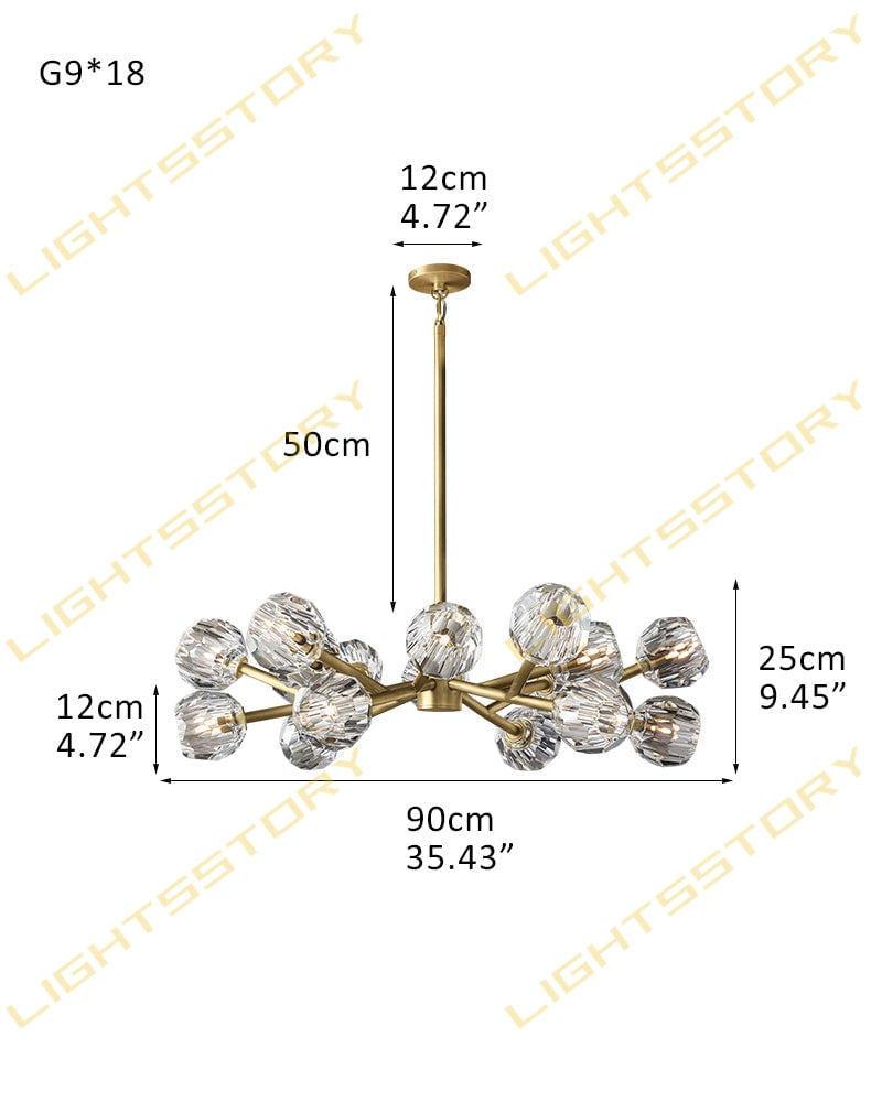 LightsStory Series Refractive Pendant Light | Cluster Round Hand-ground faceted crystal orbs, Black and Brass finish for Living rooms and dining areas 18 light-D90*H25CM D35"*H9" Brass+Clear Crystal American chandelier