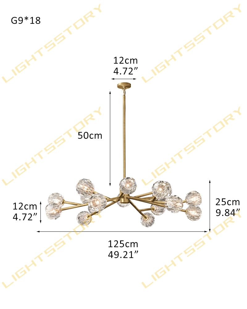 LightsStory Series Refractive Pendant Light | Cluster Round Hand-ground faceted crystal orbs, Black and Brass finish for Living rooms and dining areas 18 light-D125*H25CM D49"*H9" Brass+Clear Crystal American chandelier