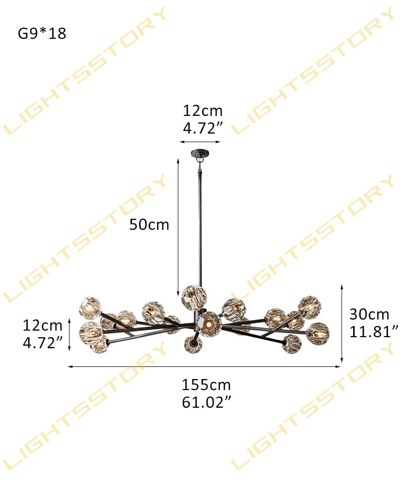 LightsStory Series Refractive Pendant Light | Cluster Round Hand-ground faceted crystal orbs, Black and Brass finish for Living rooms and dining areas 18 light-D155*H30CM D61"*H12" Black+Clear Crystal American chandelier