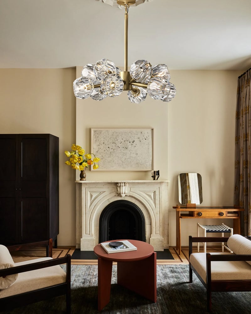 LightsStory Series Refractive Pendant Light | Cluster Round Hand-ground faceted crystal orbs, Black and Brass finish for Living rooms and dining areas American chandelier