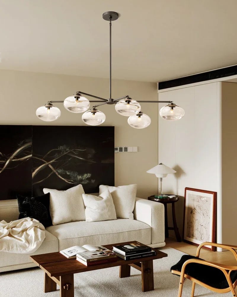 LightsStory Series Sinuous Pendant Light | Oval Handblown Glass Handblown clear glass with brass, black, and silver metal frame, Mixed Brass, Black, and Silver finish for Kitchen Islands and Dining Areas Modern Pendant lamp