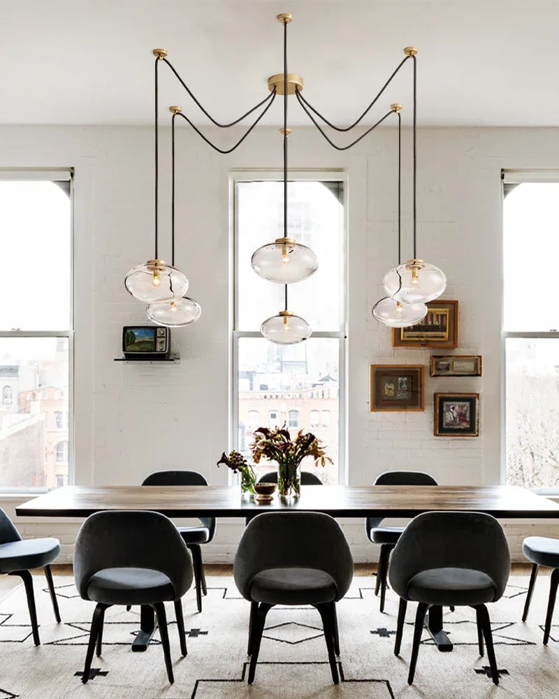 LightsStory Series Sinuous Pendant Light | Oval Handblown Glass Handblown clear glass with brass, black, and silver metal frame, Mixed Brass, Black, and Silver finish for Kitchen Islands and Dining Areas Modern Pendant lamp